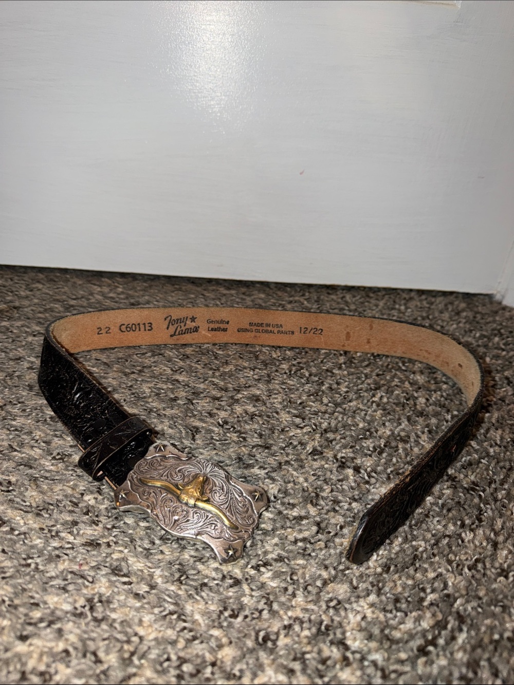 Kids Western Leather Belt with Silver-Tone Buckle - Black